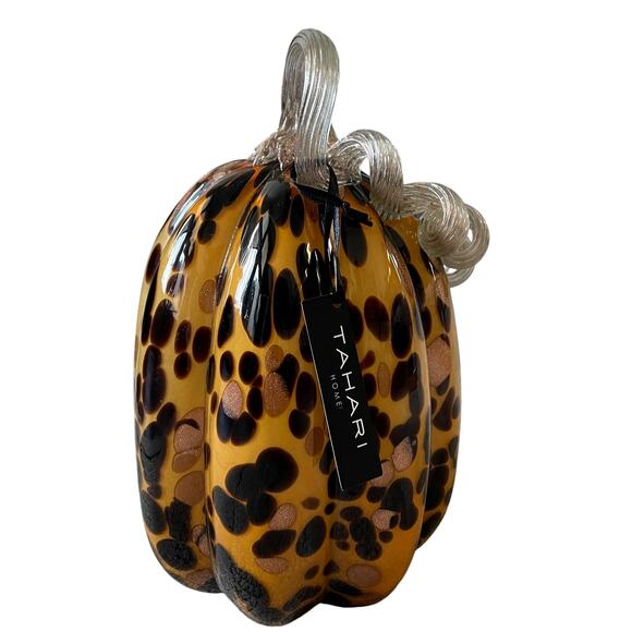 TAHARI Hand Blown Art Glass Tortoise Shell Pumpkin Amber Stem Designer Decor New - Picture 1 of 13